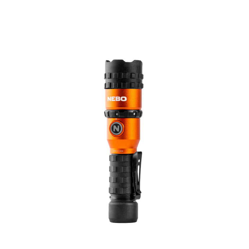 Orange and black handheld flashlight with textured grip and clip.