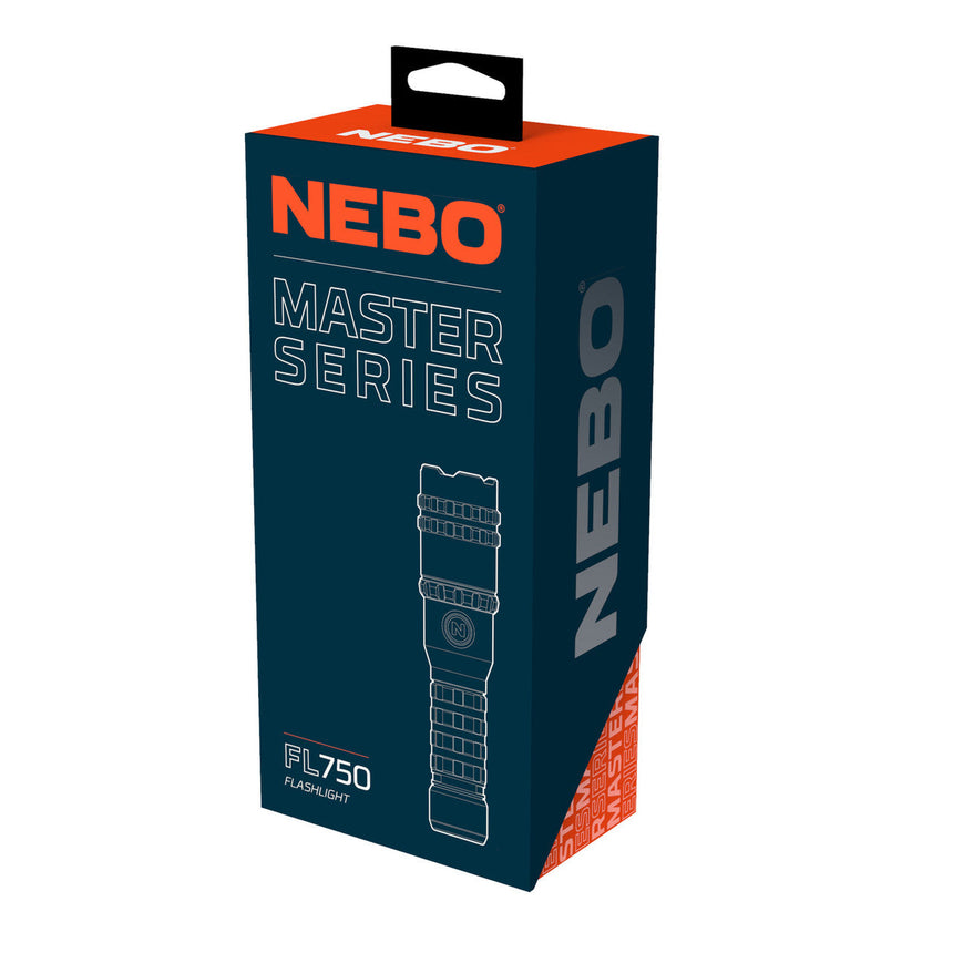 Product packaging box for a NEBO Master Series flashlight model PL750.