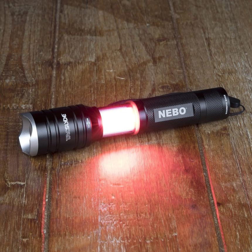 Flashlight with a red illuminated section and ’NEBO’ branding.