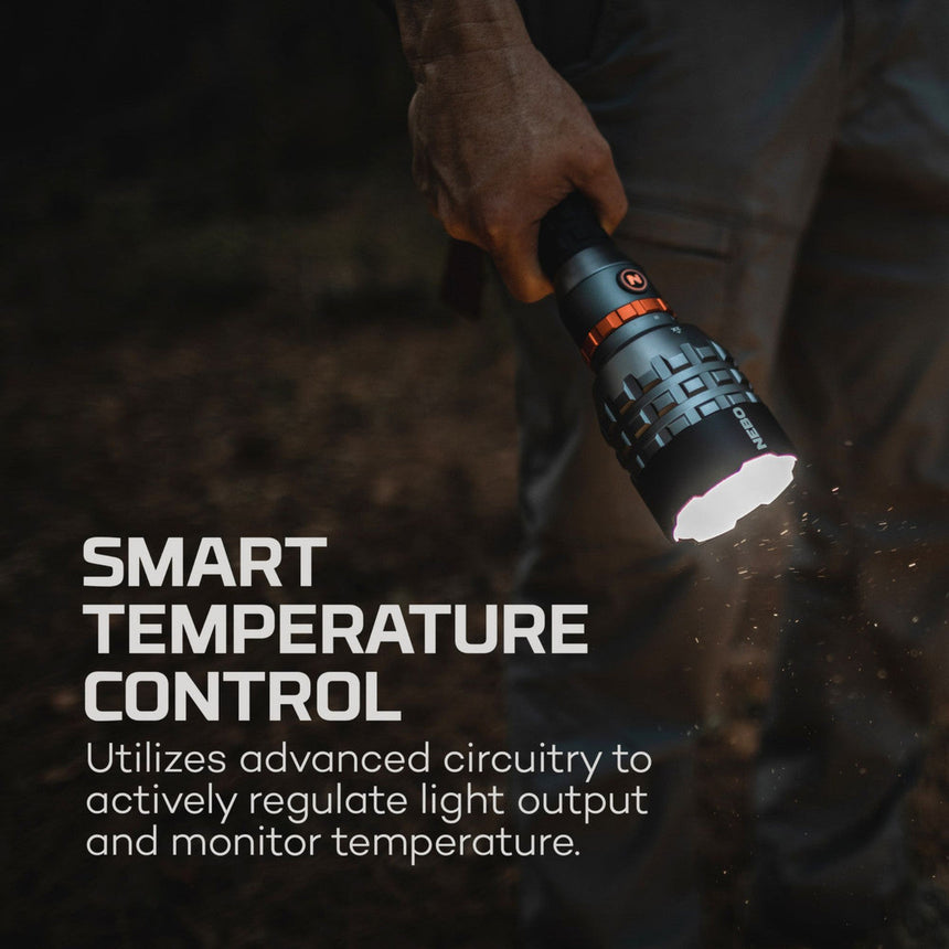 Handheld flashlight with smart temperature control feature being illuminated in a dark setting.