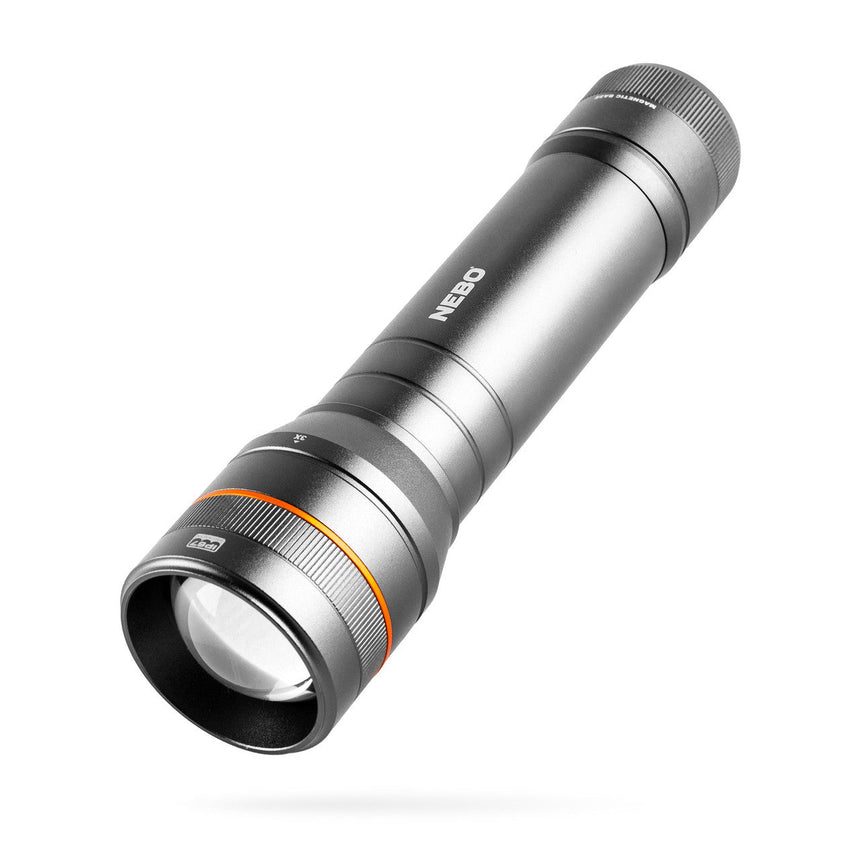Metallic flashlight with a black grip and adjustable focus beam.
