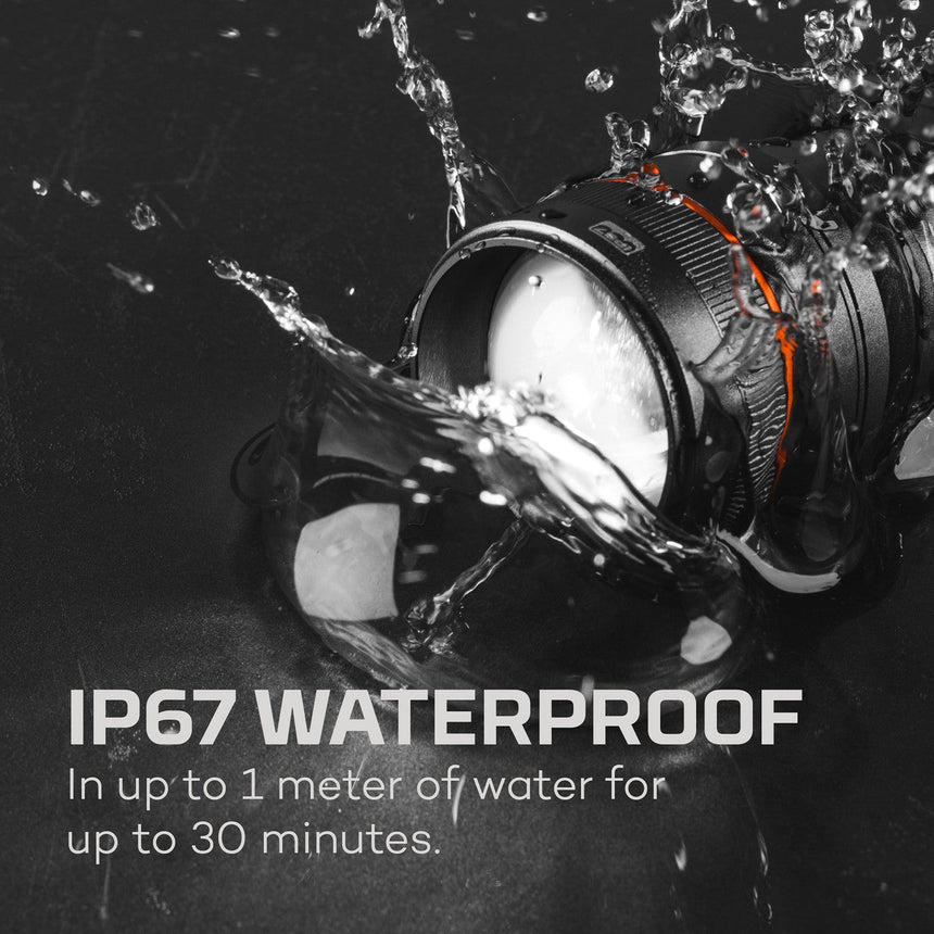 Camera lens with water splashing around it, demonstrating its waterproof capability.