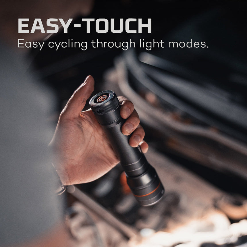 Handheld flashlight with ’EASY-TOUCH’ text overlay, emphasizing easy cycling through light modes.