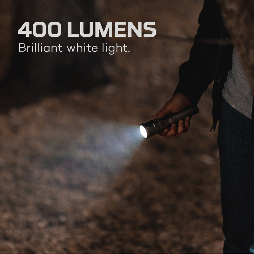 Flashlight emitting a bright beam of 400 lumens white light.