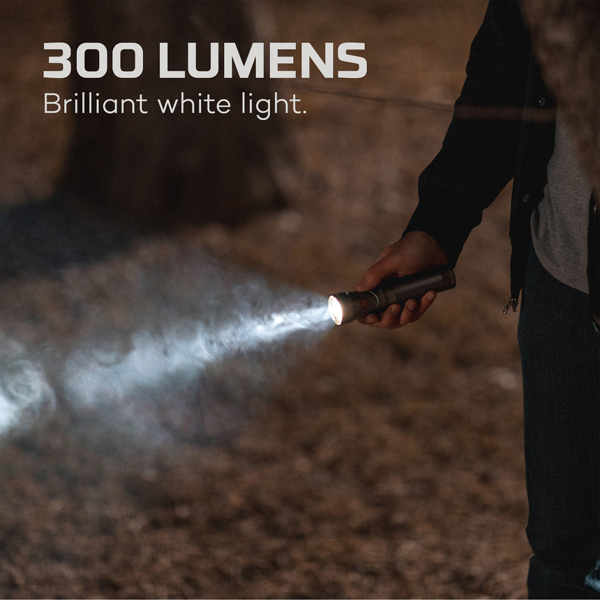 Flashlight emitting a bright beam of light in a dark environment.