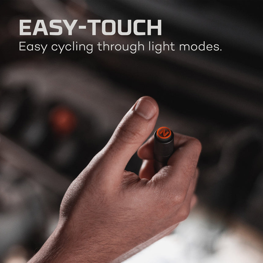 A hand pressing a small button or switch labeled ’Easy-Touch’ for cycling through light modes.
