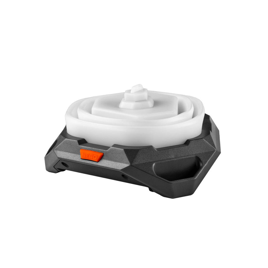 Portable pet water bowl with a gray base and white removable dish.