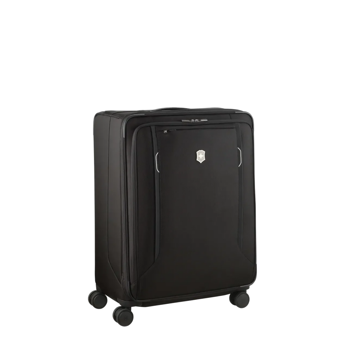 Black wheeled suitcase with a front pocket and small logo.