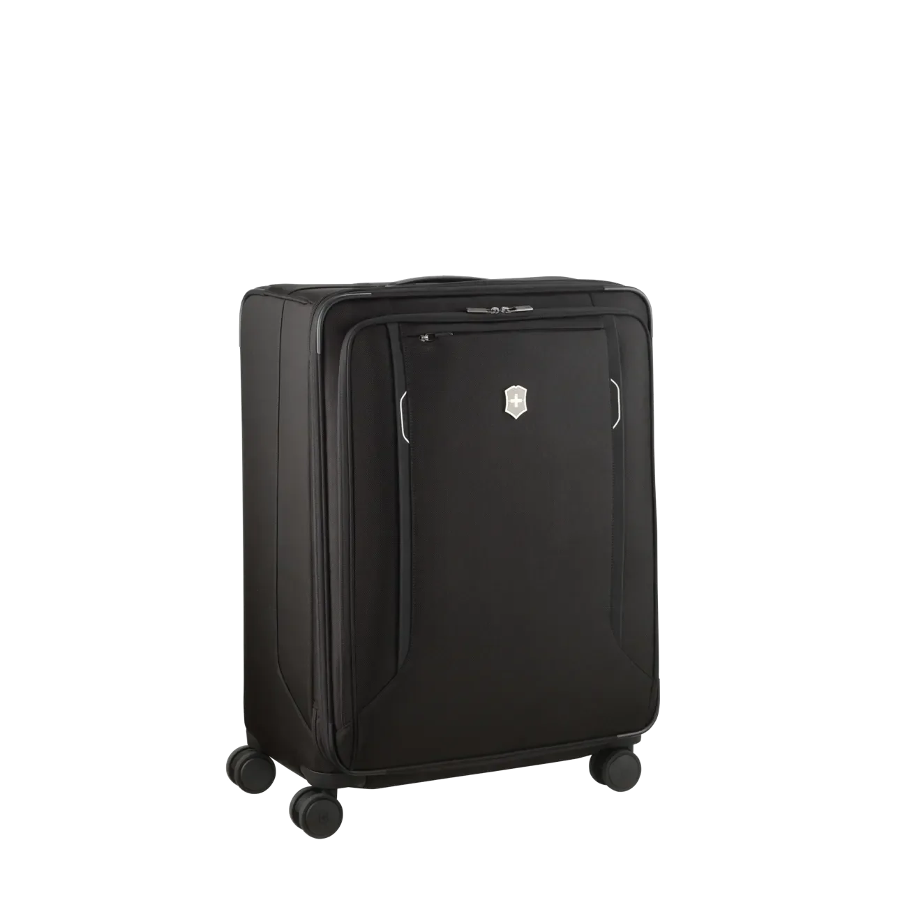 Black wheeled suitcase with a front pocket and small logo.