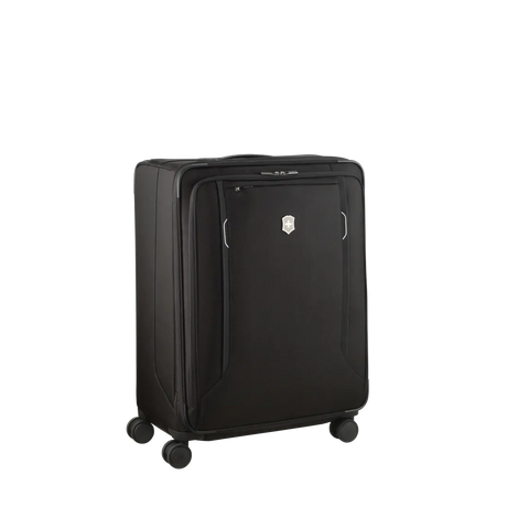 Black wheeled suitcase with a front pocket and small logo.