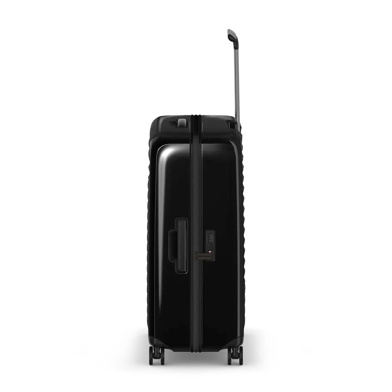Black hardshell rolling suitcase with an extendable handle.