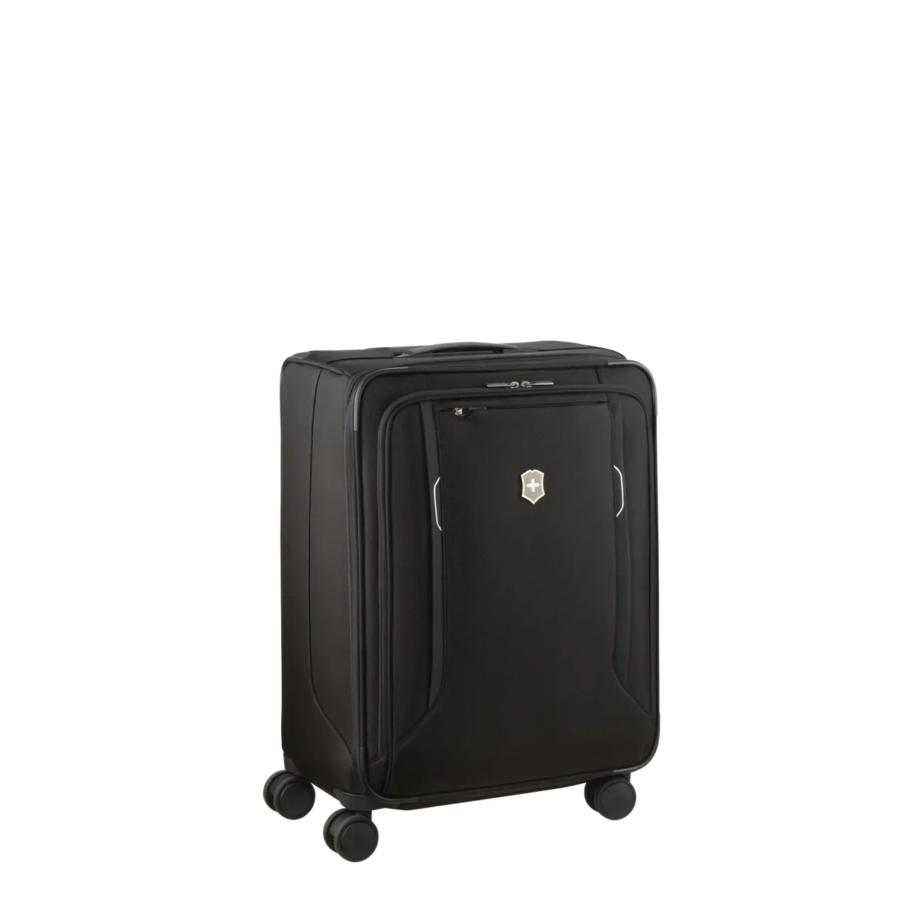 Black wheeled carry-on suitcase with multiple compartments and a logo.
