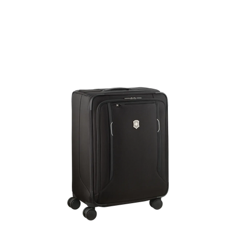 Black wheeled carry-on suitcase with multiple compartments and a logo.