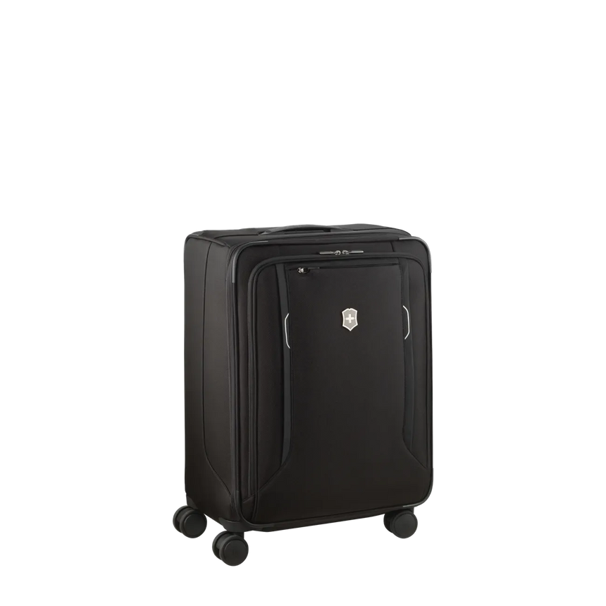 Black wheeled carry-on suitcase with multiple compartments and a logo.