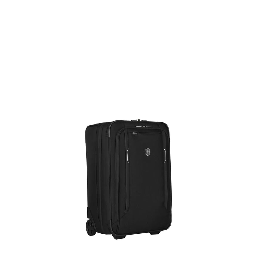 Black wheeled carry-on suitcase with multiple compartments.
