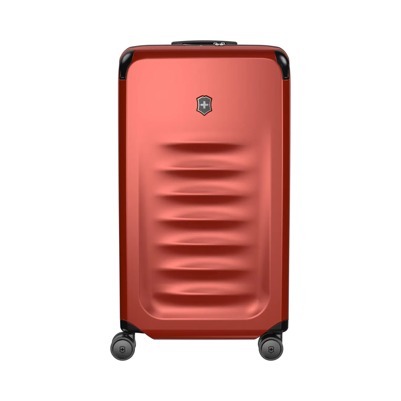 Red hardshell rolling suitcase with horizontal ridges and a logo emblem.