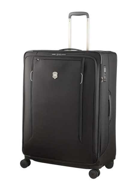 Black rolling suitcase with extendable handle and spinner wheels.