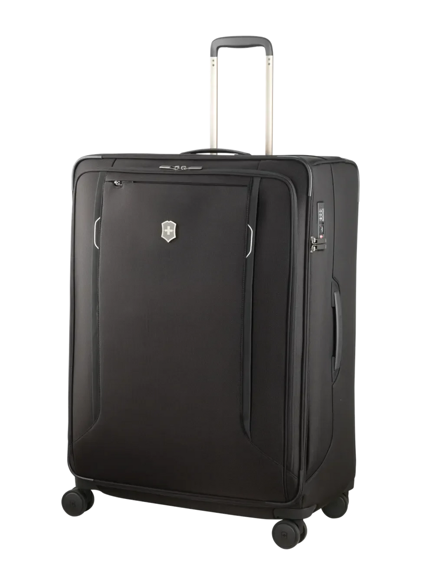 Black rolling suitcase with extendable handle and spinner wheels.