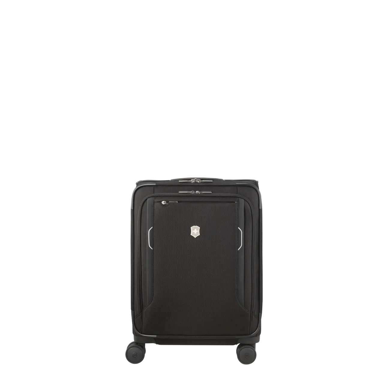 Black wheeled carry-on suitcase with a hard shell exterior.