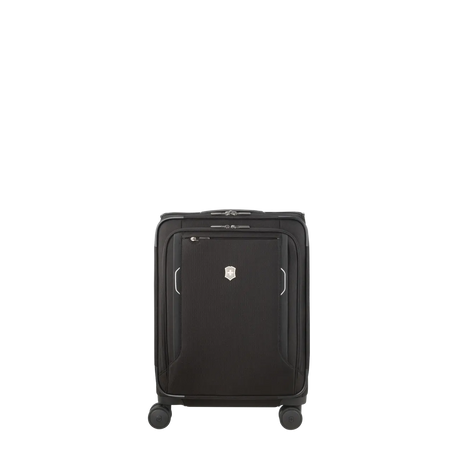 Black wheeled carry-on suitcase with a hard shell exterior.