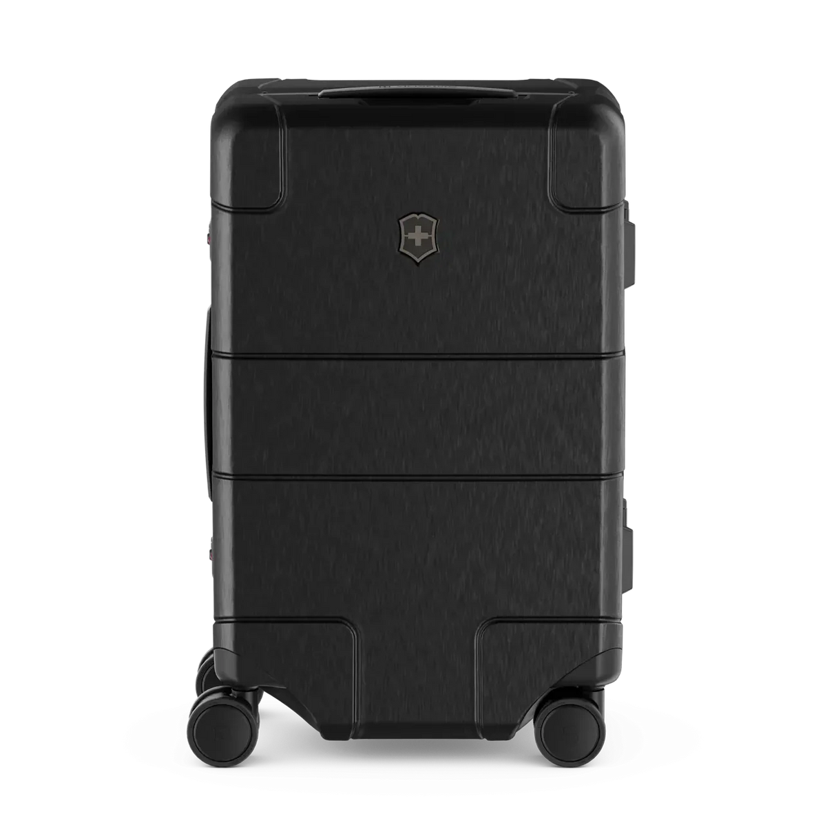 Black hardshell rolling suitcase with horizontal ridges and a logo.