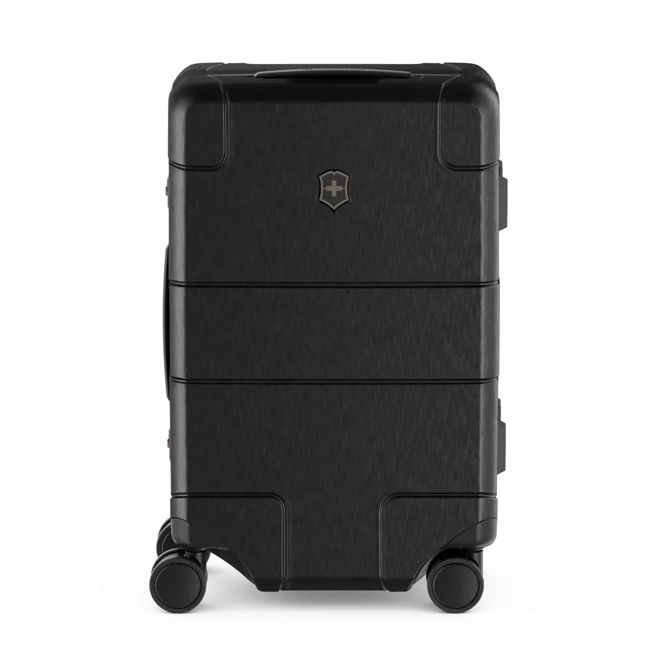 Black hardshell rolling suitcase with horizontal ridges and a logo.