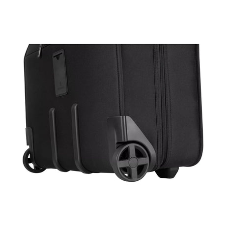 Black rolling suitcase with wheels and a handle.
