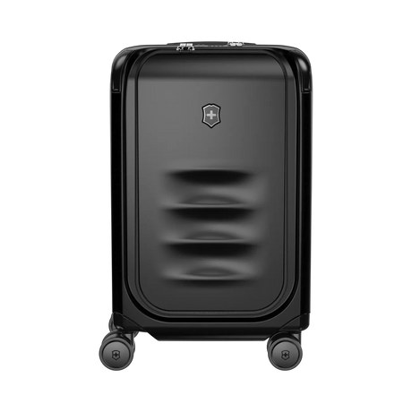 Black hardshell rolling suitcase with a Victorinox logo.