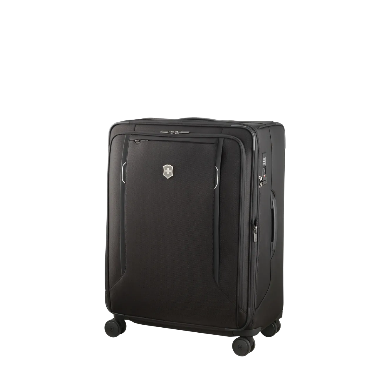 Black rolling suitcase with multiple compartments and a Victorinox logo.
