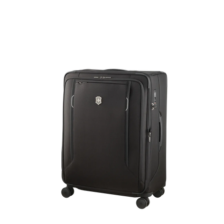 Black rolling suitcase with multiple compartments and a Victorinox logo.