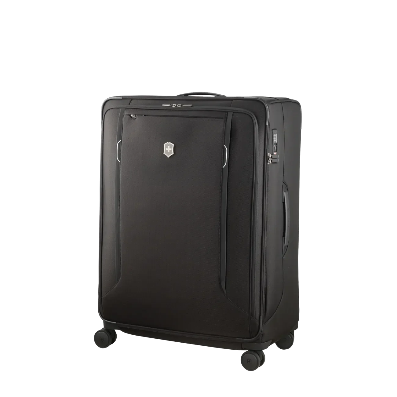 Black wheeled suitcase with a front zippered pocket and expandable design.
