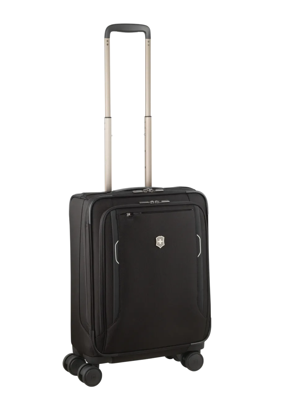 Black rolling suitcase with an extendable handle and four wheels.