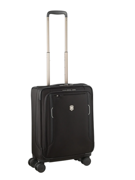 Black rolling suitcase with an extendable handle and four wheels.