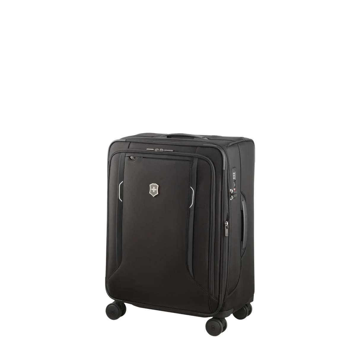 Black wheeled suitcase with multiple compartments and a logo emblem.