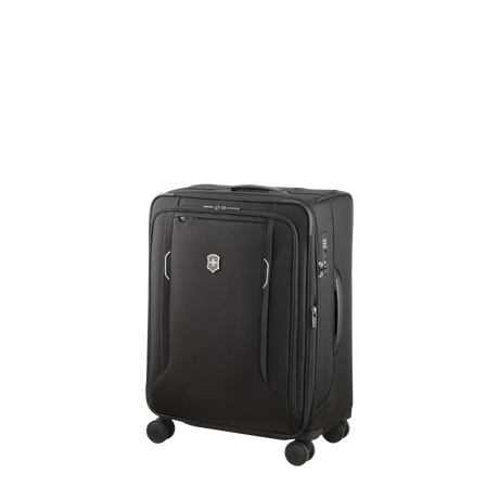 Black wheeled suitcase with multiple compartments and a logo emblem.