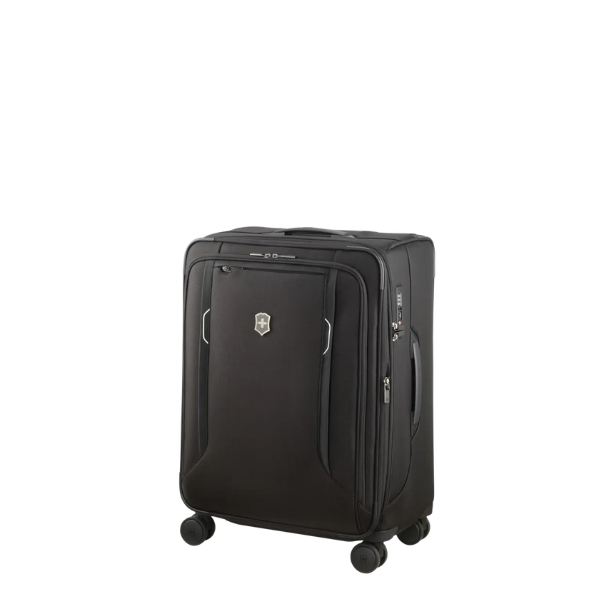 Black wheeled suitcase with multiple compartments and a logo emblem.
