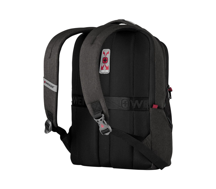 Black backpack with padded straps and a small pink logo.