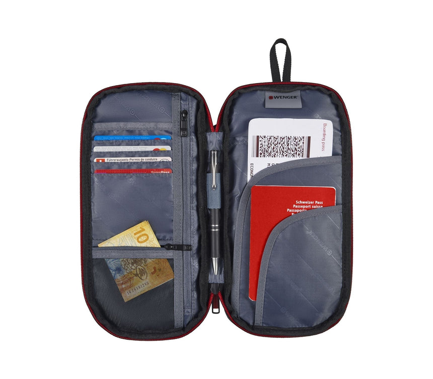 Travel organizer wallet with multiple compartments for documents and cards.
