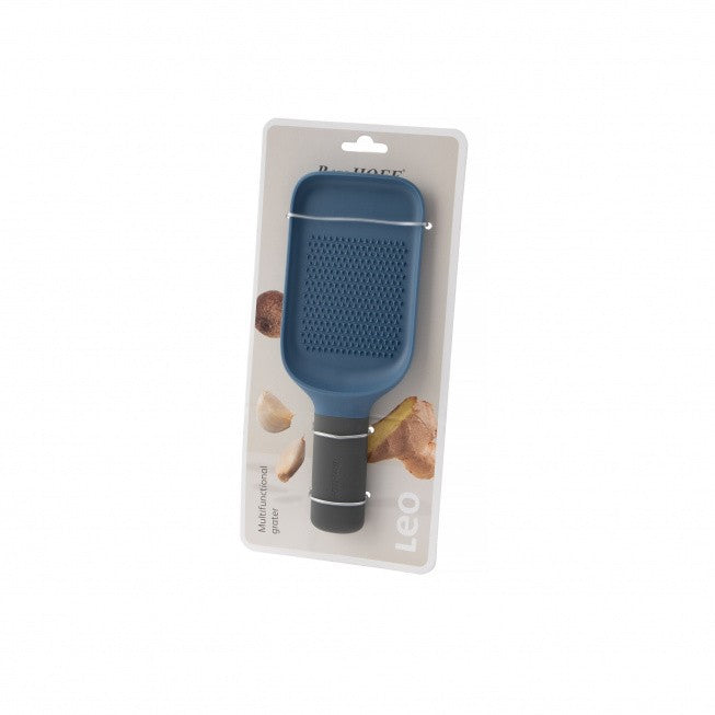 Blue handheld cheese grater in retail packaging.