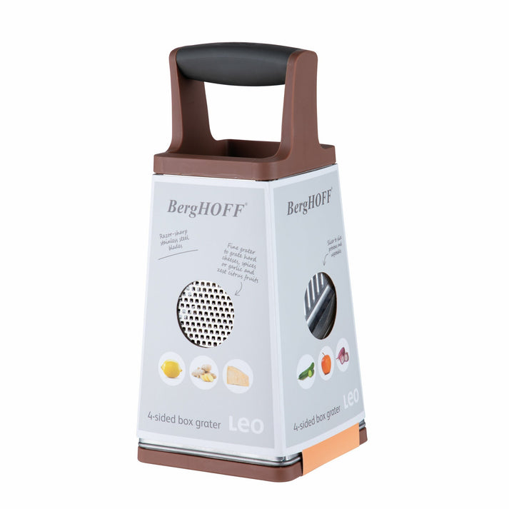 Four-sided box grater with a brown handle and white body featuring different grating surfaces.