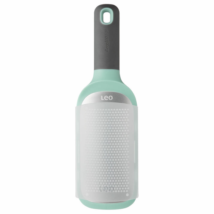 Mint green and gray cheese grater with a handle shaped like a wine bottle.