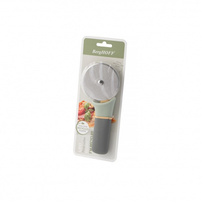 Pizza cutter with a gray handle and circular blade in retail packaging.