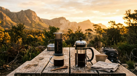 AeroPress and French press side by side on camping table at golden hour