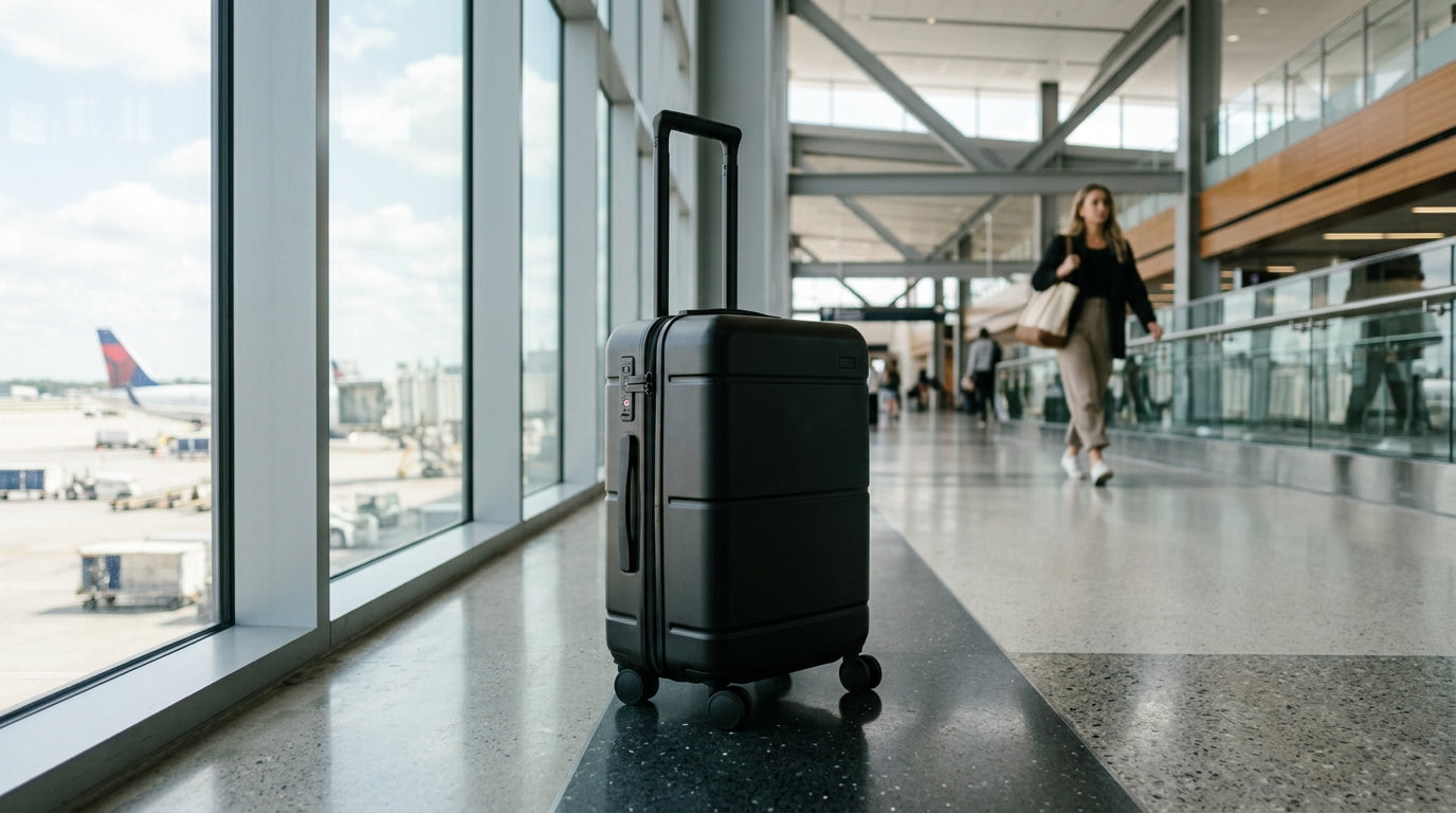 Sleek black carry-on suitcase in modern airport terminal