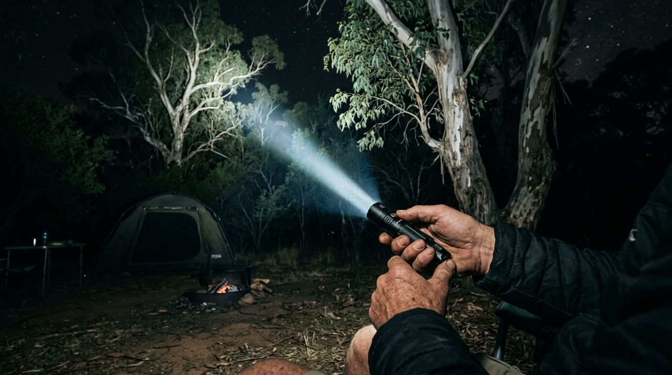 Nebo LED torch beam cutting through Australian bush at night