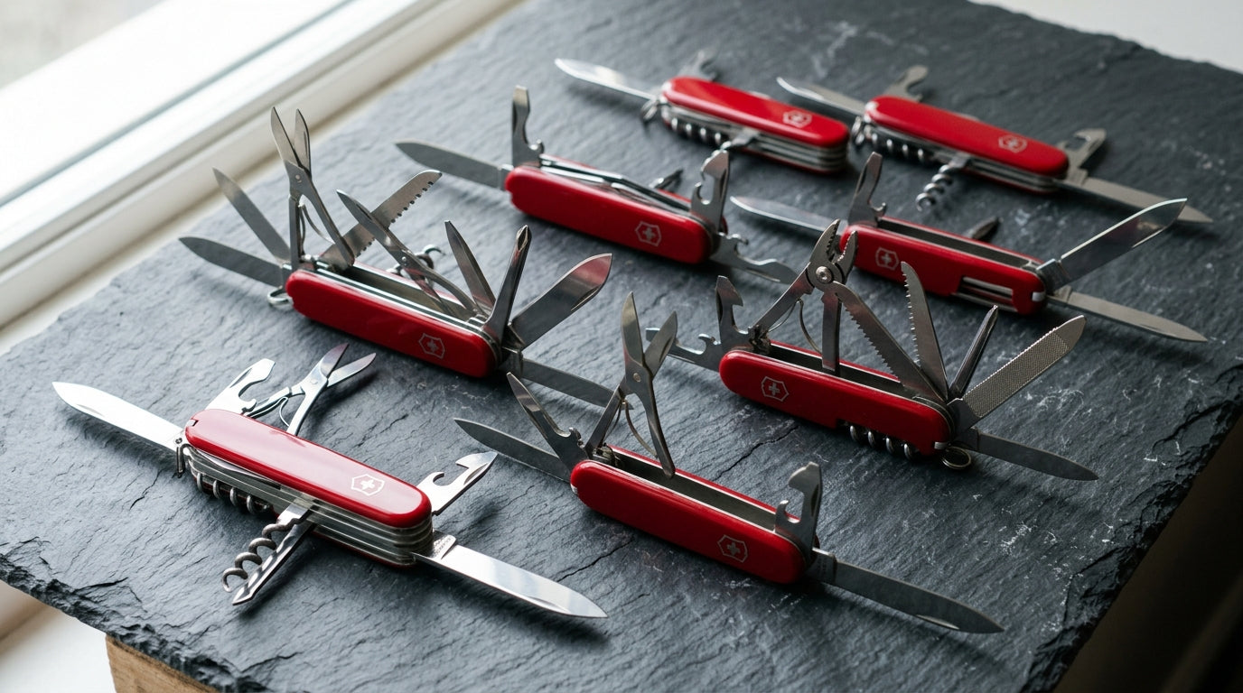 Collection of Victorinox Swiss Army Knives on slate surface