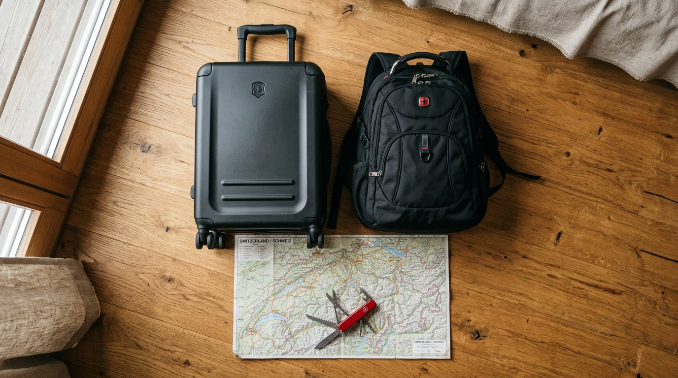 Flat lay of Victorinox suitcase, Wenger backpack, and Swiss Army knife