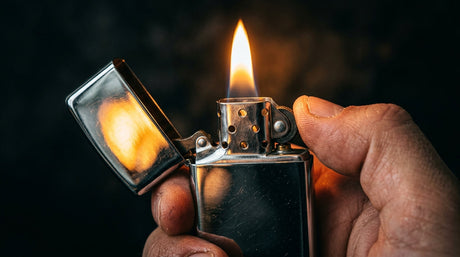 Chrome Zippo lighter with flame against dark background