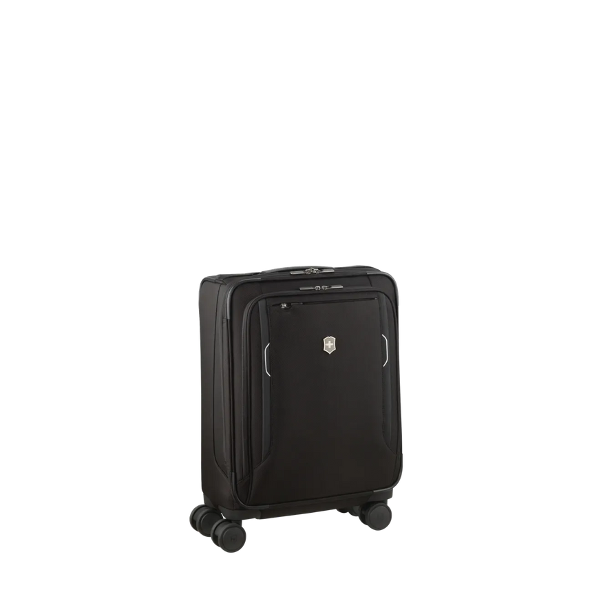 Black wheeled carry-on suitcase with front pocket.