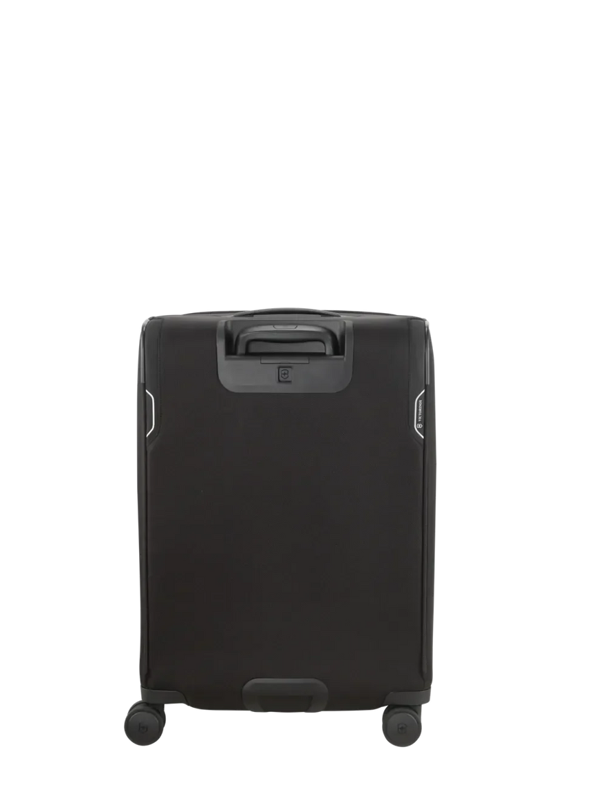 Black rolling suitcase with a retractable handle and wheels.